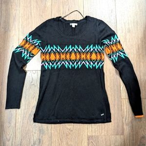 VOLCOM | knit black, orange, teal sweater, crew neck, long sleeve, size small